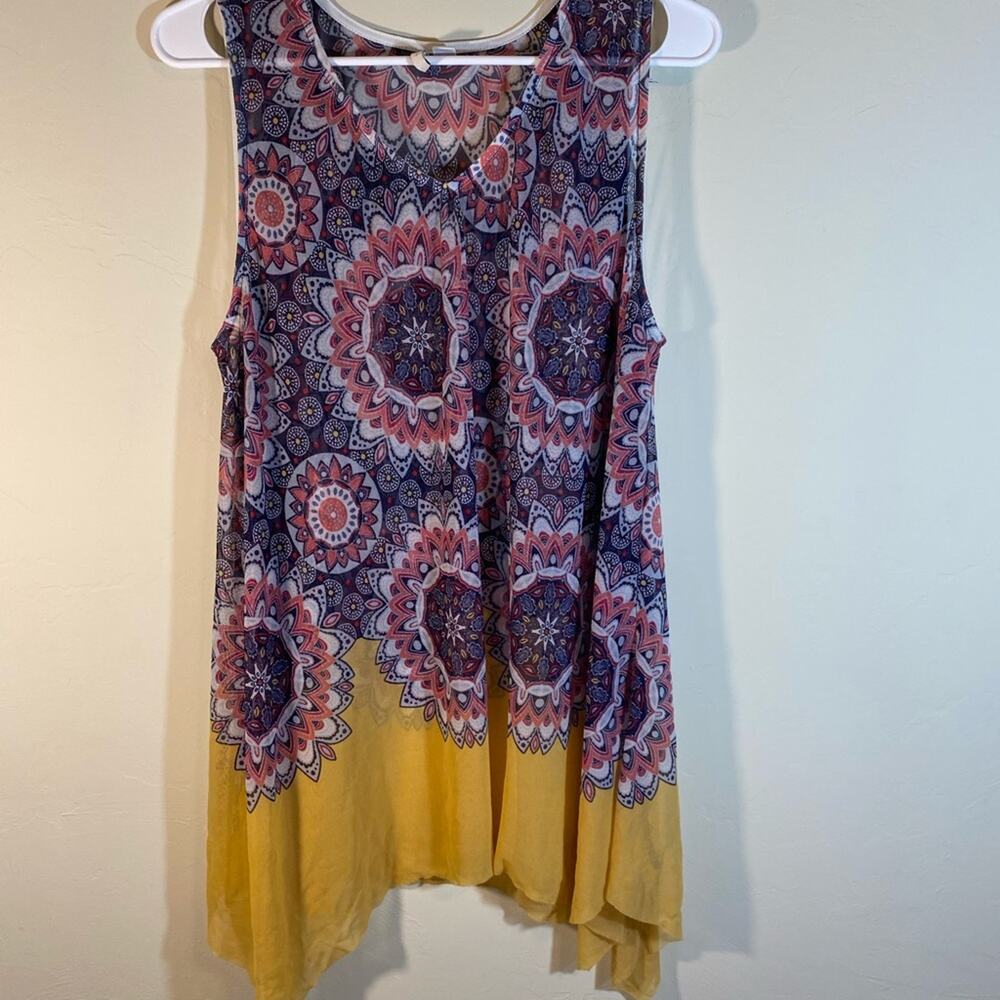 C est 1946 Top Sleeveless Sheer Yellow Blue Size XL